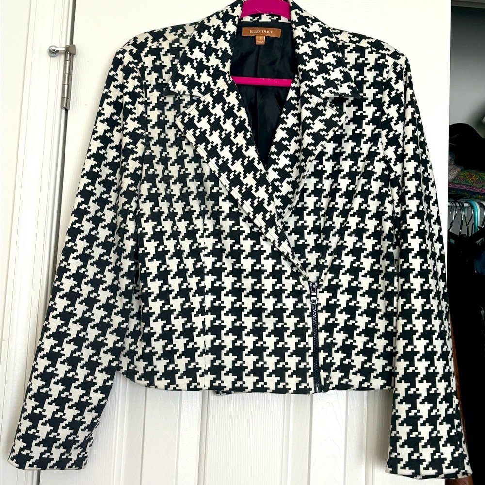 New Ellen Tracy moto style houndstooth zip blazer jacket Size 14